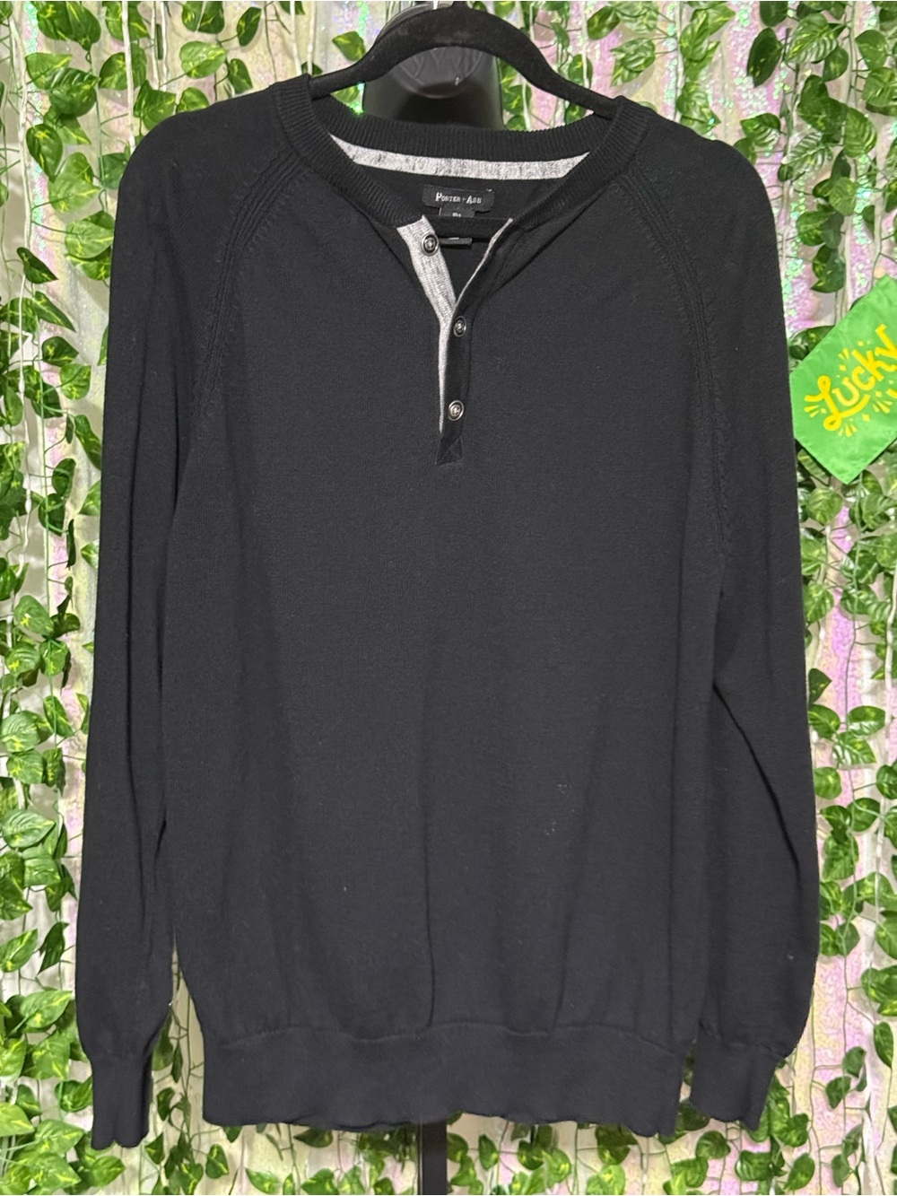 Porter + Ash Black Men's Henley Cotton Sweater size large
